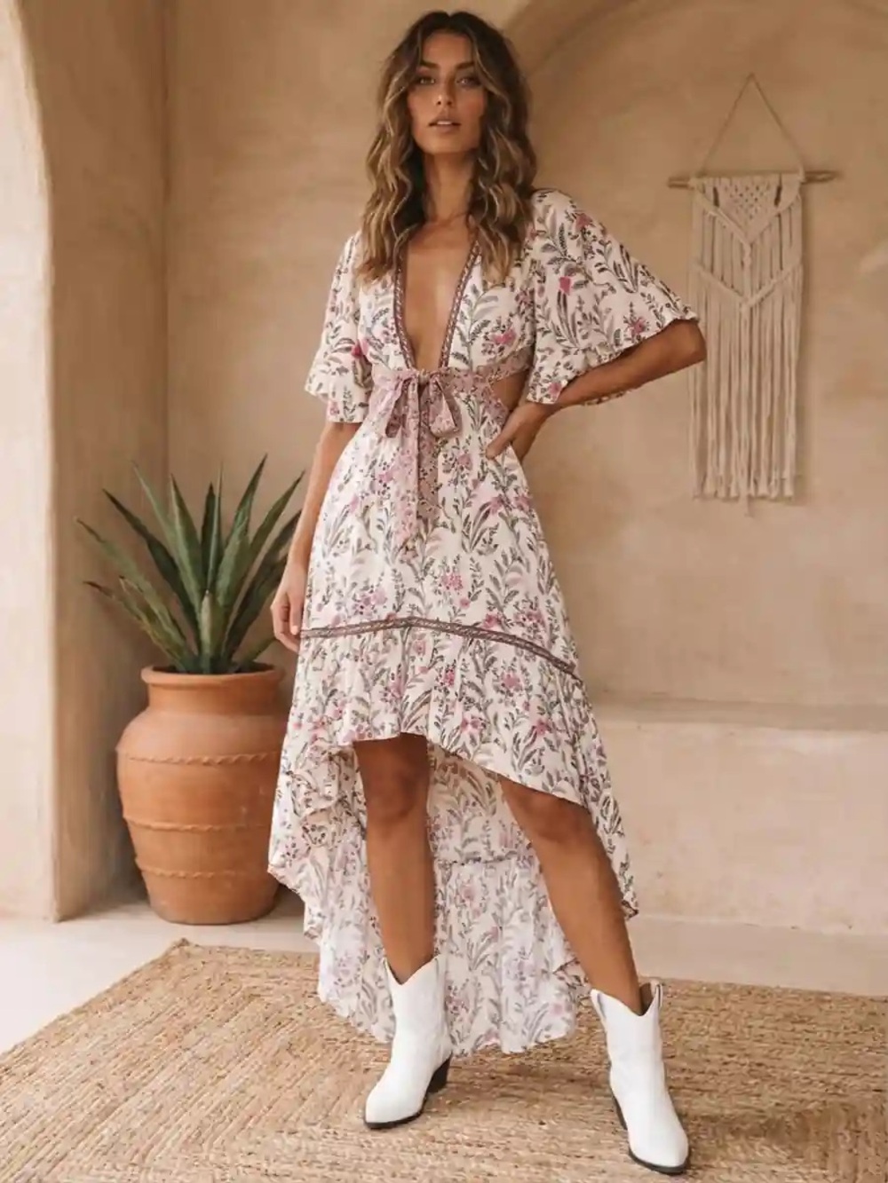 Spell Maisie Bambi Gown Cream Floral High-Low Tie-Waist Midi Dress